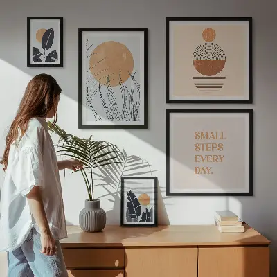 Gallery wall met stijlvolle slogans en plantenafbeeldingen