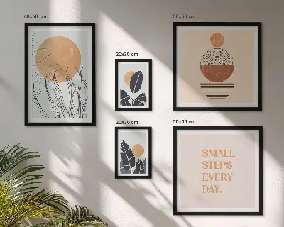 Gallery wall met stijlvolle slogans en plantenafbeeldingen