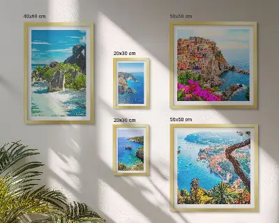 Set van moderne schilderijen met uitzichten op kustlandschappen