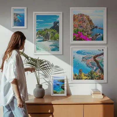 Set van moderne schilderijen met uitzichten op kustlandschappen