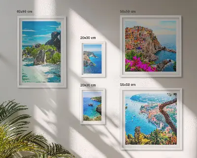 Set van moderne schilderijen met uitzichten op kustlandschappen