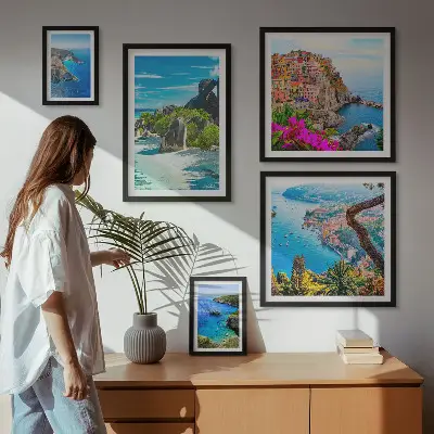 Set van moderne schilderijen met uitzichten op kustlandschappen