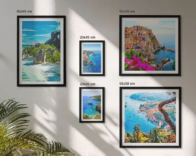 Set van moderne schilderijen met uitzichten op kustlandschappen