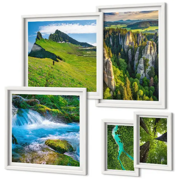Moderne schilderijenset met landschappen, bergen, rivieren en bossen