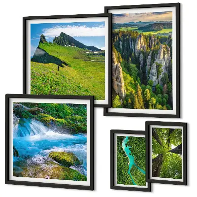 Moderne schilderijenset met landschappen, bergen, rivieren en bossen