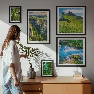 Moderne schilderijenset met landschappen, bergen, rivieren en bossen