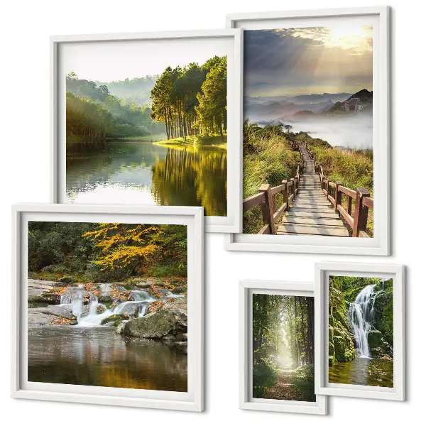 Moderne schilderijen set met natuurlandschappen van watervallen en bospaden