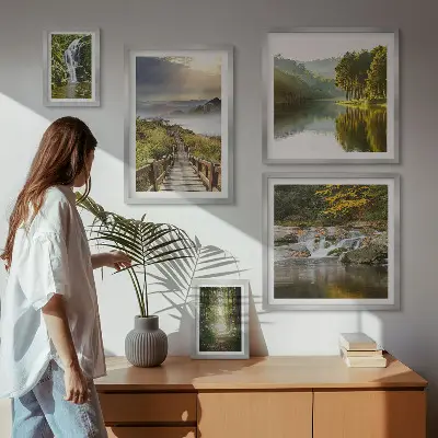 Moderne schilderijen set met natuurlandschappen van watervallen en bospaden