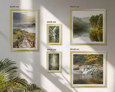 Moderne schilderijen set met natuurlandschappen van watervallen en bospaden
