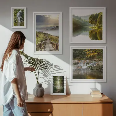 Moderne schilderijen set met natuurlandschappen van watervallen en bospaden