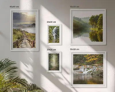 Moderne schilderijen set met natuurlandschappen van watervallen en bospaden
