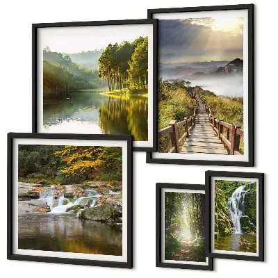 Moderne schilderijen set met natuurlandschappen van watervallen en bospaden