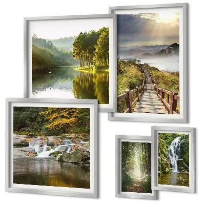Moderne schilderijen set met natuurlandschappen van watervallen en bospaden