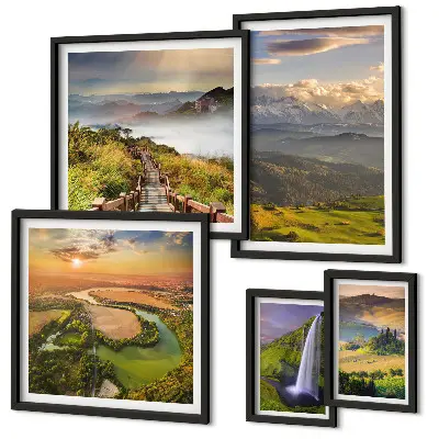 Wanddecoratie compositie met berglandschappen en watervallen
