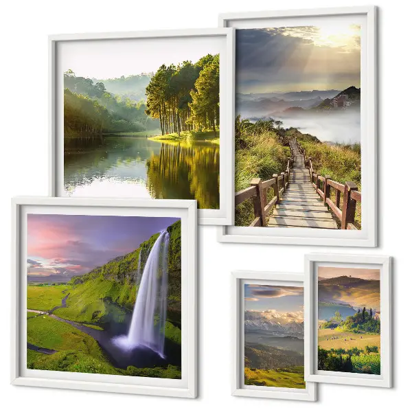 Gallery wall met landschappen, watervallen en bergen