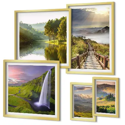 Gallery wall met landschappen, watervallen en bergen