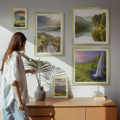 Gallery wall met landschappen, watervallen en bergen