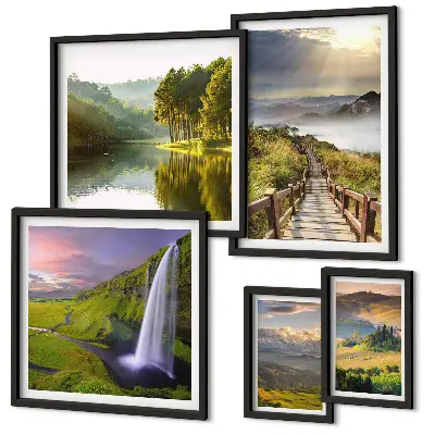 Gallery wall met landschappen, watervallen en bergen