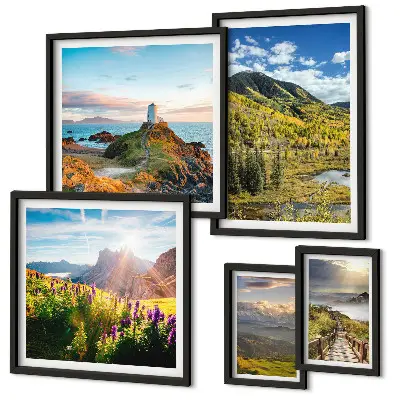 Wanddecoratie compositie met berglandschappen in de natuur