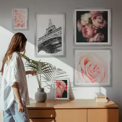Wanddecoratie compositie met rozen en Eiffeltoren in romantische stijl