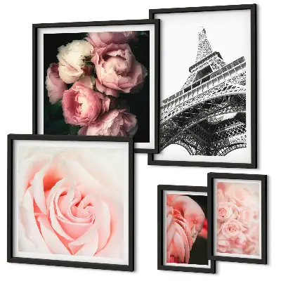 Wanddecoratie compositie met rozen en Eiffeltoren in romantische stijl
