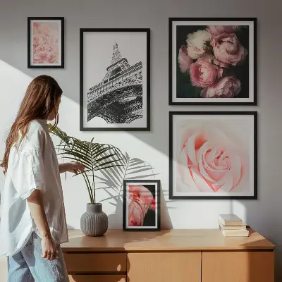 Wanddecoratie compositie met rozen en Eiffeltoren in romantische stijl