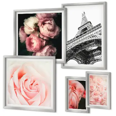 Wanddecoratie compositie met rozen en Eiffeltoren in romantische stijl