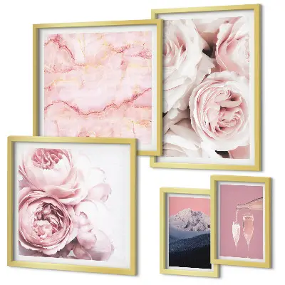 Set van moderne schilderijen met een elegant accent van roze bloemen
