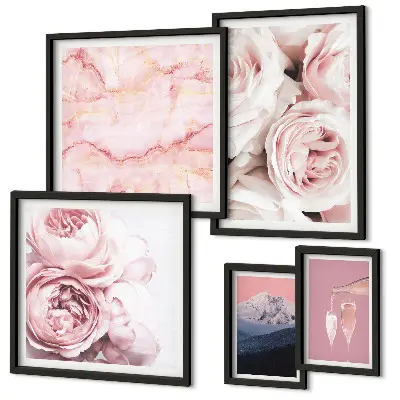 Set van moderne schilderijen met een elegant accent van roze bloemen