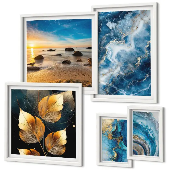 Gallery wall met abstracte blauwe landschappen