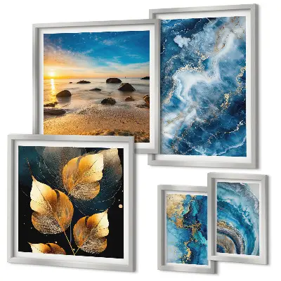 Gallery wall met abstracte blauwe landschappen