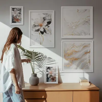 Wanddecoratie compositie bloemen met een marmeren elegantie