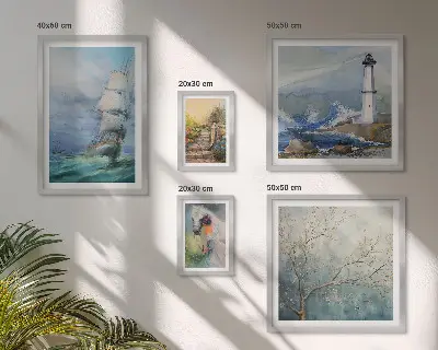 Set van moderne schilderijen met zeeavonturen en landschappen