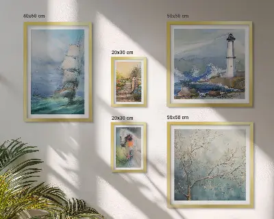 Set van moderne schilderijen met zeeavonturen en landschappen