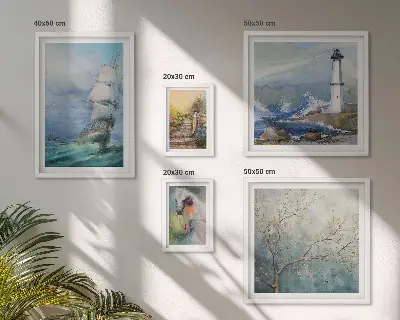Set van moderne schilderijen met zeeavonturen en landschappen