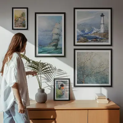 Set van moderne schilderijen met zeeavonturen en landschappen
