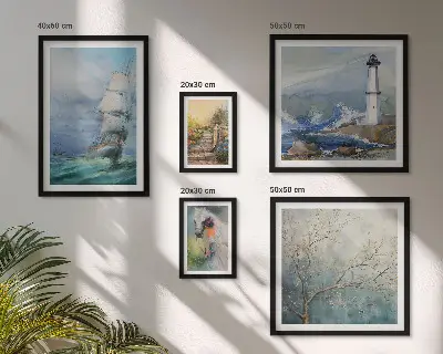 Set van moderne schilderijen met zeeavonturen en landschappen