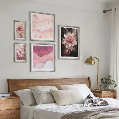 Schilderijenset met bloemen roze bloemmotieven
