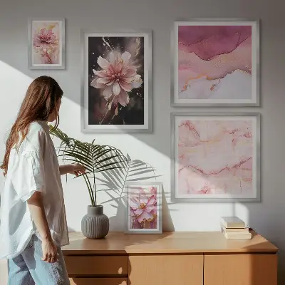 Schilderijenset met bloemen roze bloemmotieven