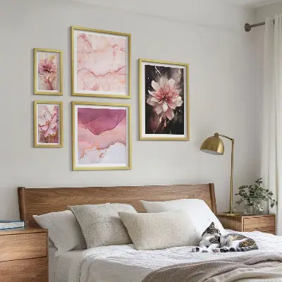 Schilderijenset met bloemen roze bloemmotieven