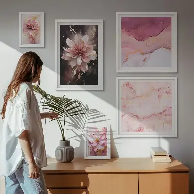 Schilderijenset met bloemen roze bloemmotieven
