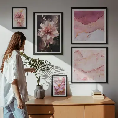 Schilderijenset met bloemen roze bloemmotieven