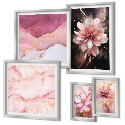 Schilderijenset met bloemen roze bloemmotieven