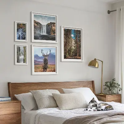 Set van moderne schilderijen met landschappen, watervallen en natuur