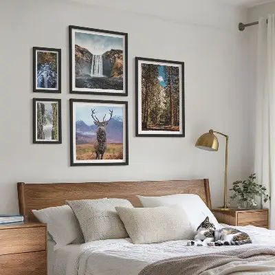 Set van moderne schilderijen met landschappen, watervallen en natuur