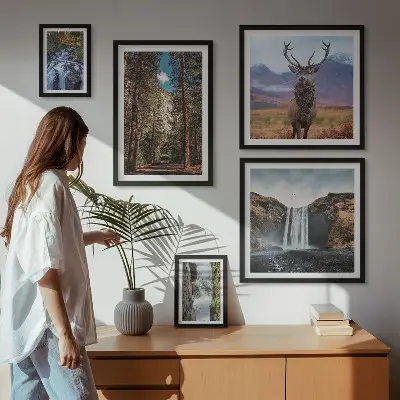 Set van moderne schilderijen met landschappen, watervallen en natuur