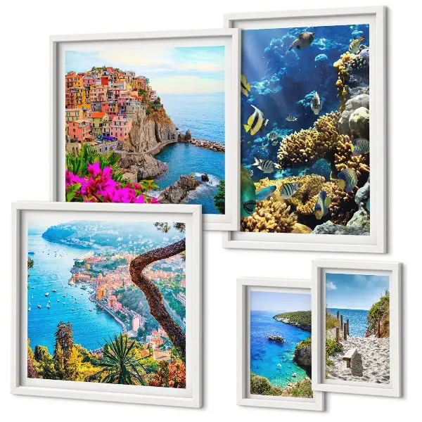 Gallery wall met kustlandschappen, vissen en stranden