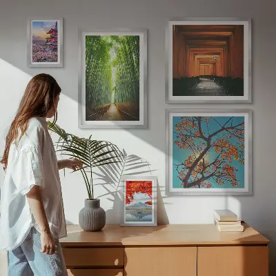 Wanddecoratie met een compositie van landschappen met Japanse bamboebloemen 