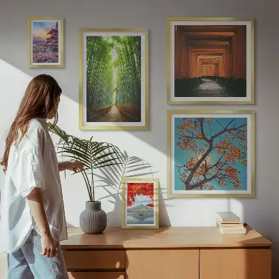 Wanddecoratie met een compositie van landschappen met Japanse bamboebloemen 