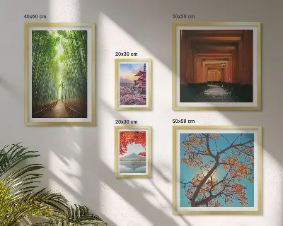 Wanddecoratie met een compositie van landschappen met Japanse bamboebloemen 